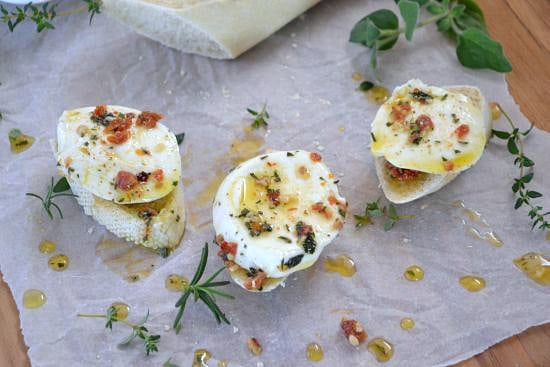 Marinated Mozzarella on slices of fresh crusty baguette by flouronmyface.com