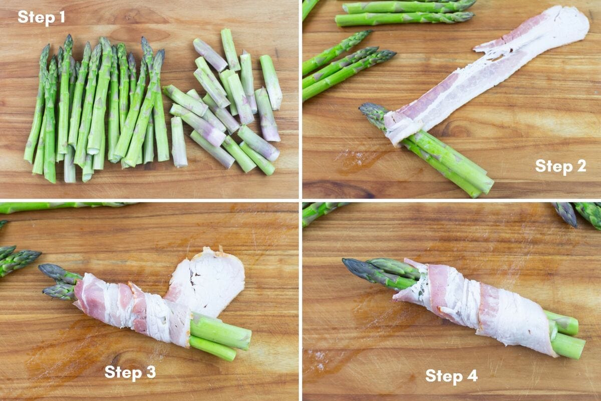 Four photo collageshowing how to wrap bacon around the bundles.