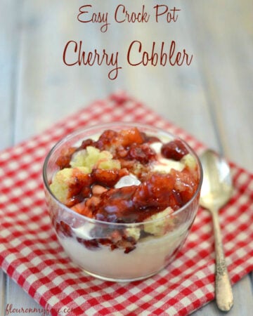 Easy 4 ingredient Crock Pot Cherry Cobbler recipe via flouronmyface.com