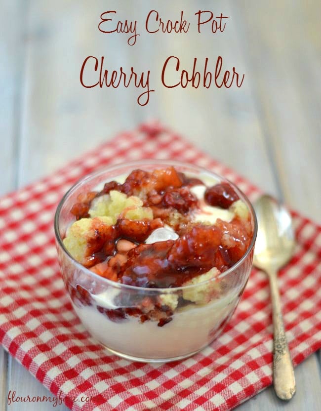 Easy 4 ingredient Crock Pot Cherry Cobbler recipe via flouronmyface.com