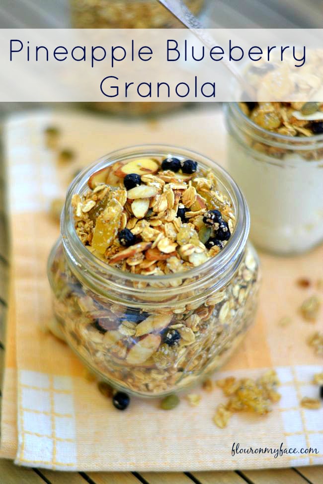 Pineapple Blueberry Granola is a great way to start the morning. Packed full of high energiy ingredients like, pineapple, blueberries, almonds, pumpkin seed and oats with just the right amount of sweetness from DOLE Pineapple juice and a touch of honey. via flour onmyface.com