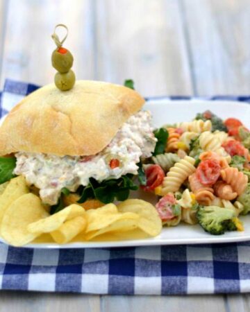 Rotisserie Chicken Salad Sandwich on a bun with a pasta salad on the side.