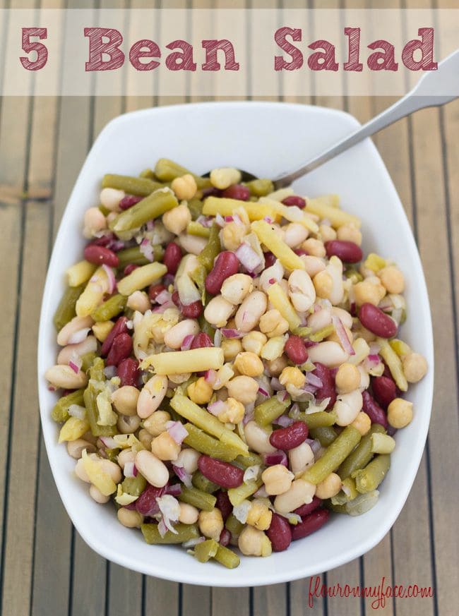 5 Bean Salad recipe is a perfect summer side dish recipe. This Bean Salad recipe is a light and healthy side dish via flouronmyface.com