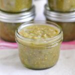 Tomatillo Salsa in canning jars.