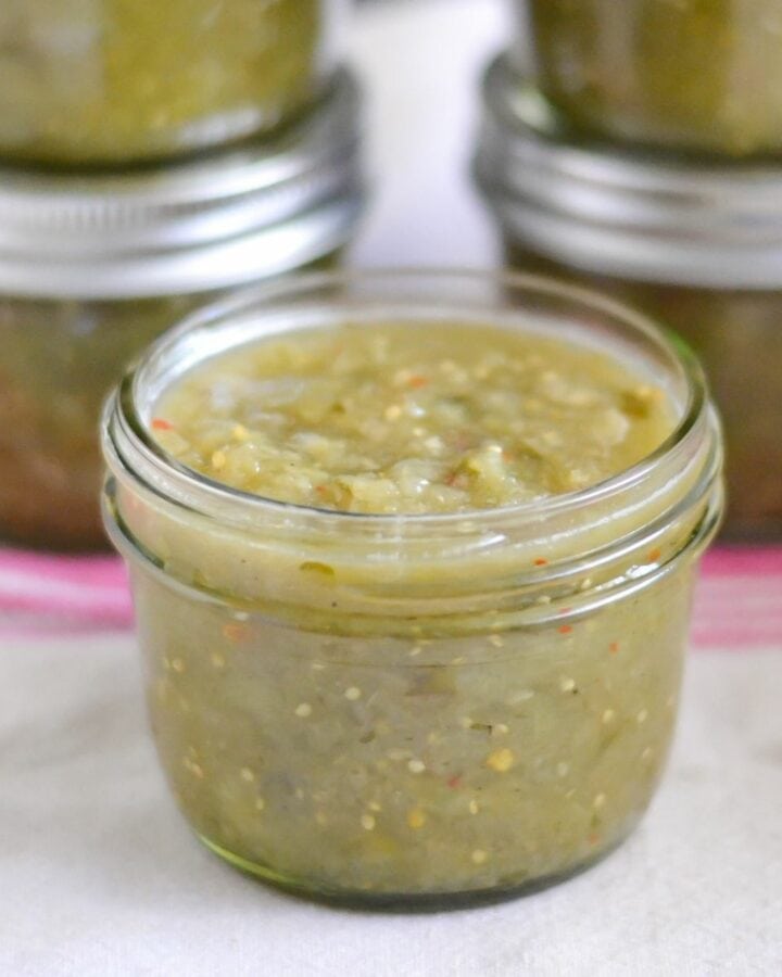 Tomatillo Salsa in canning jars.