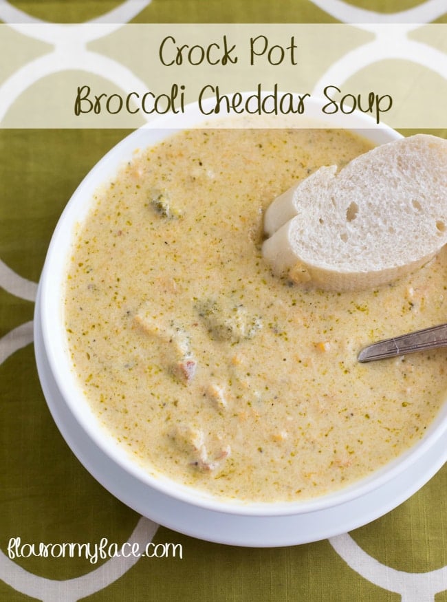 Crock Pot Broccoli Cheddar Soup Recipe via flouronmyface.com