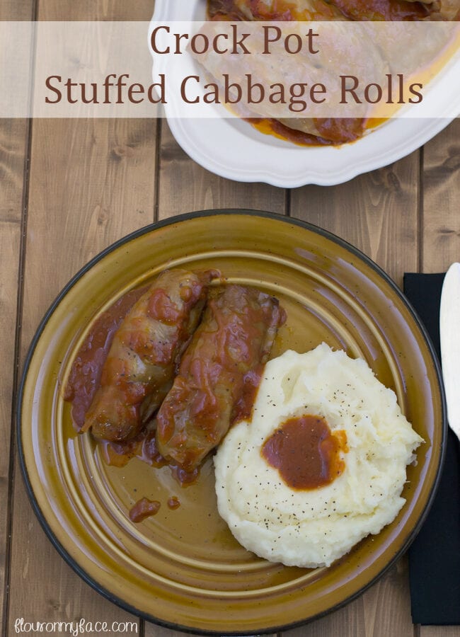 Crock Pot Stuffed Cabbage Rolls served with mashed potatoes.
