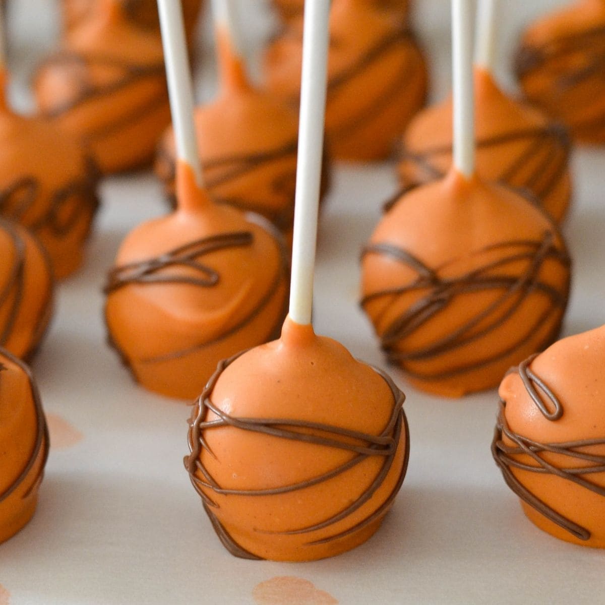 Closeup image of Pumpkin Spice Cake Pops with a chocolate drizzle.