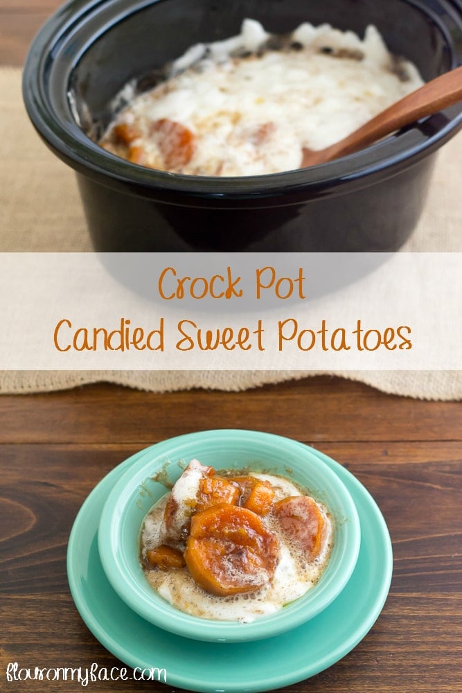 Crock Pot Candied Sweet Potatoes in a small bowl with the crock in the background.