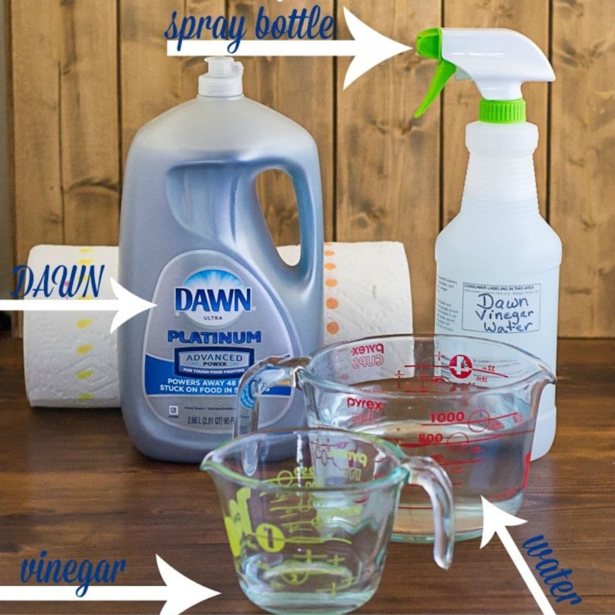 Supplies needed to make homemade diy all-purpose cleaning spray.
