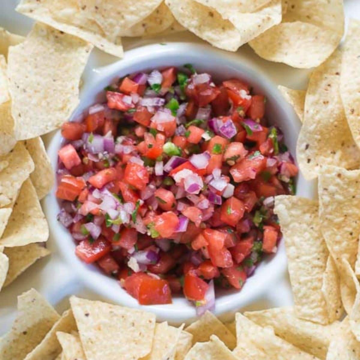 Homemade Pico de Galo in a dip bowl surrounded by chips.