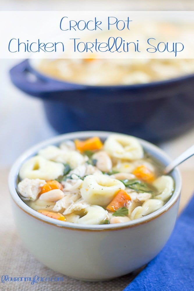 Warm up with this cheesy Crock Pot CHicken Tortellini Soup recipe via flouronmyface.com