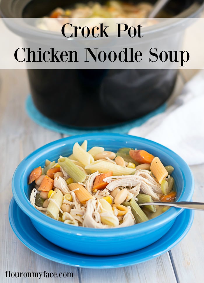 Chase away the winter blues with a big bowl of this Crockpot Chicken Noodle Soup recipe via flouronmyface.com