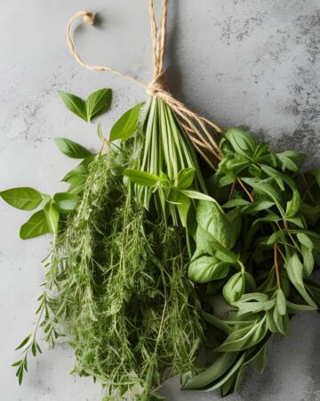 A bundle of fresh herbs tied together with twine.