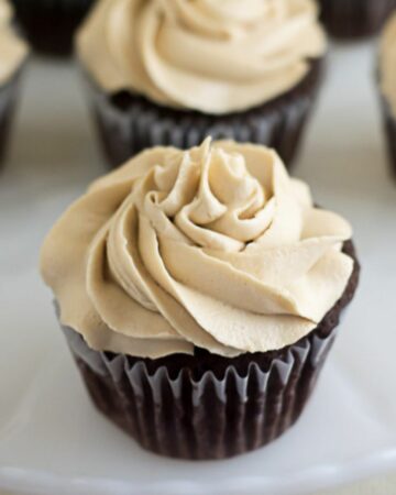 Closeup image of Chocolate Cupcakes with Kahlua Buttercream Frosting.