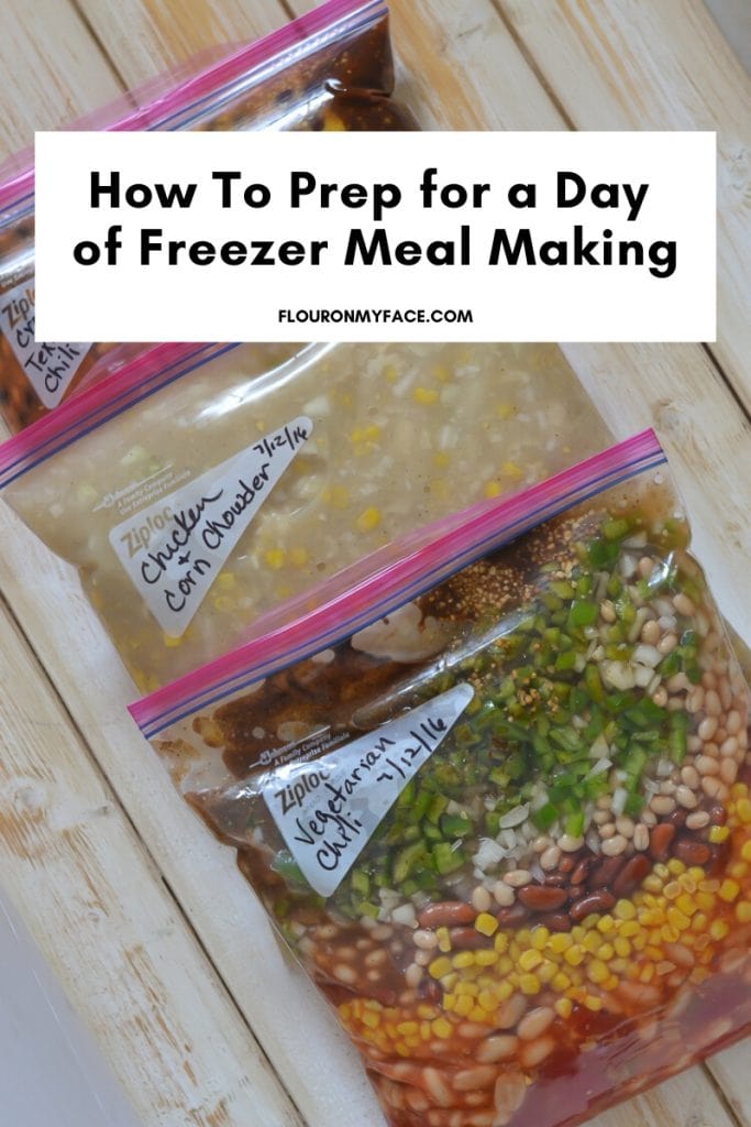Three ziplock bags filled with three freezer meal recipes for the How To Prepare for a Day of Freezer Meal Making Tips