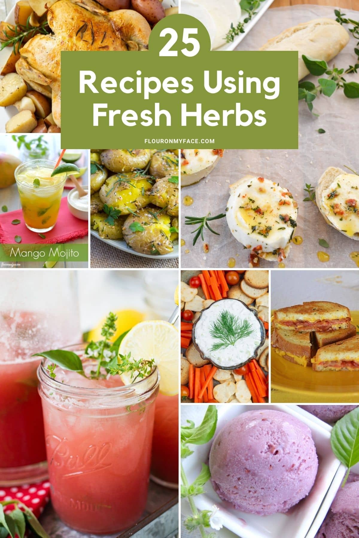 Collage image for 25 recipes using fresh herbs.