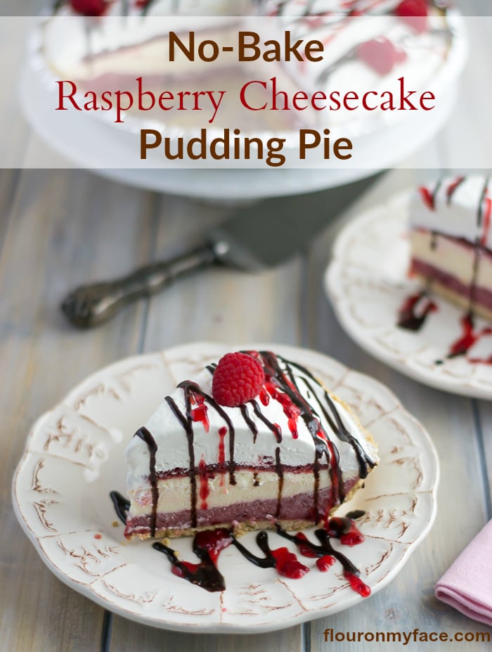 No-Bake Raspberry Cheesecake Pudding Pie recipe for #SundaySupper via flouronmyface.com