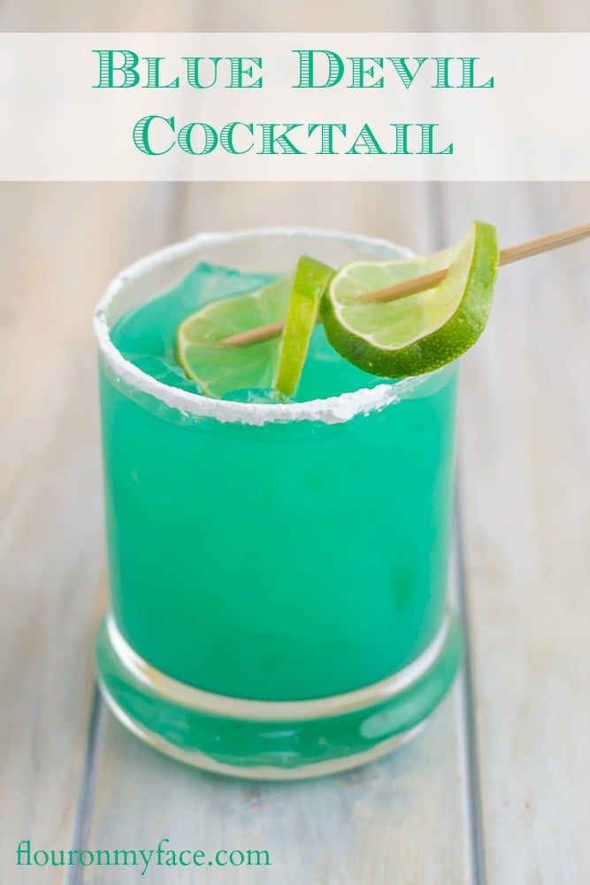 How to make a Blue Devil cocktail made with Blue Curacao and Bacardi rum via flouronmyface.com