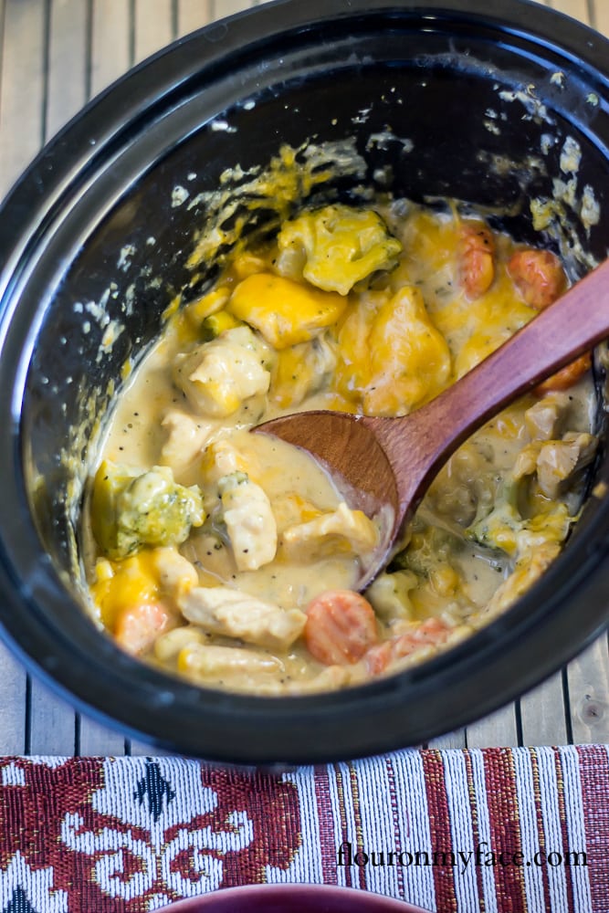 Crock Pot Cheesy Chicken and Vegetables recipe via flouronmyface.com