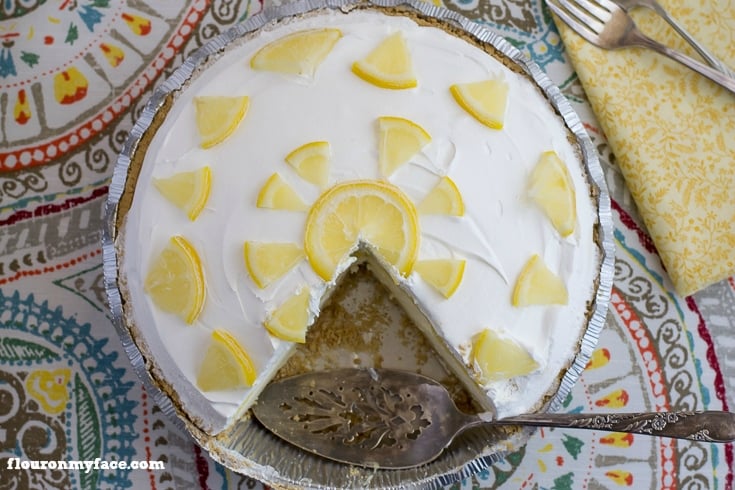 Easy No-Bake Lemon Pudding Pie can be frozen or served soft. Perfect Summer BBQ dessert recipe via flouronmyface.com