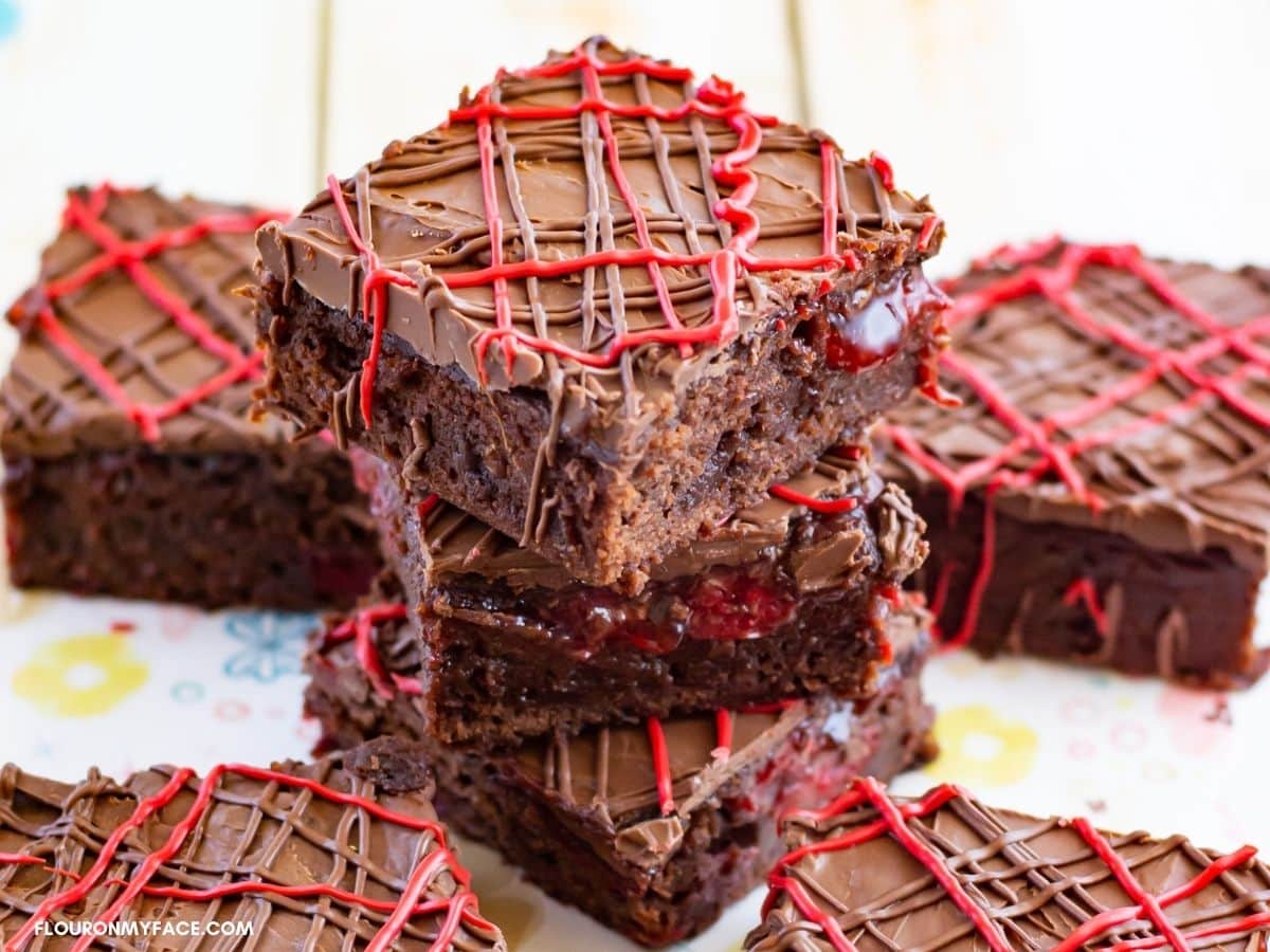 Cherry pie filled brownies in a stack.