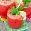 A small glass filled with Watermelon Aqua Fresca with pitcher in background.