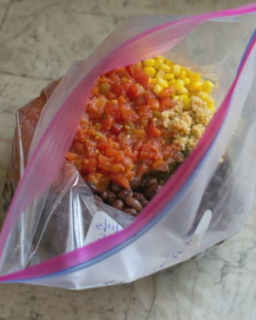 Ingredients for Southwestern Hamburger Soup in a freezer bag.