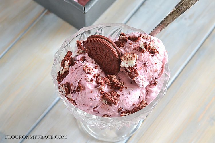 dessert bowl of OREO Red Velvet Cookie No-Churn Ice Cream via flouronmyface.com