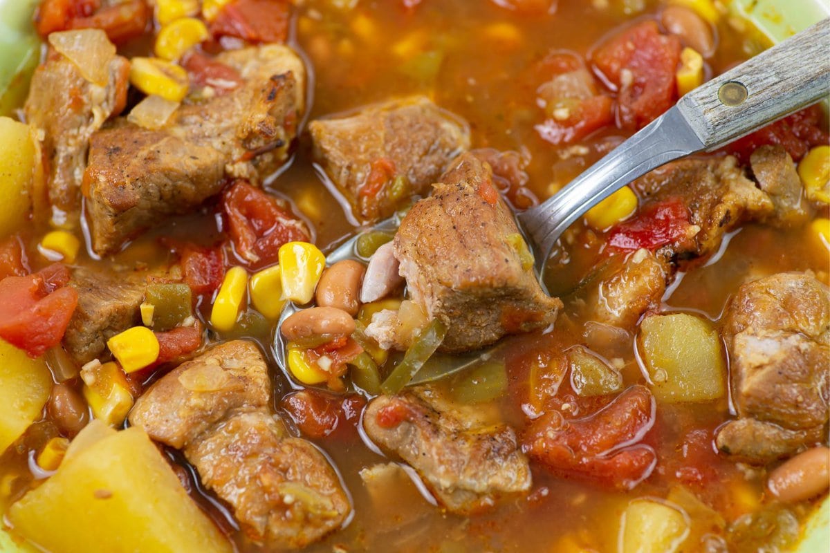 A closeup image of chunky pork stew on a spoon.