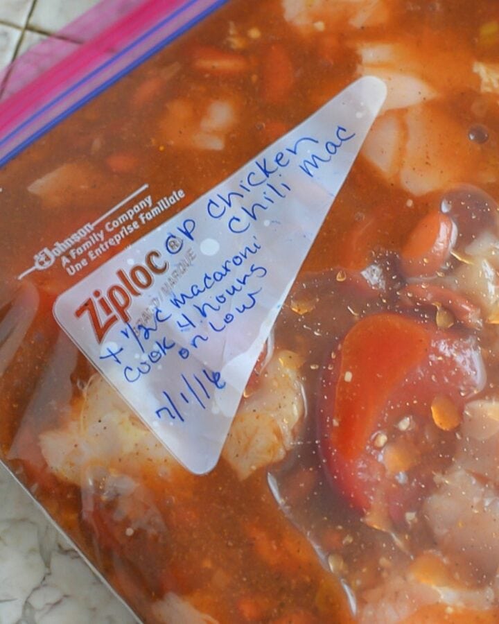 Freezer Meal Crock Pot Chicken Chili Mac ingredients in a freezer bag.