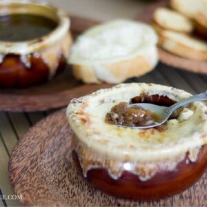 Crock Pot Slow Cooker French Onion Soup recipe served in a soup crock via flouronmyface.com