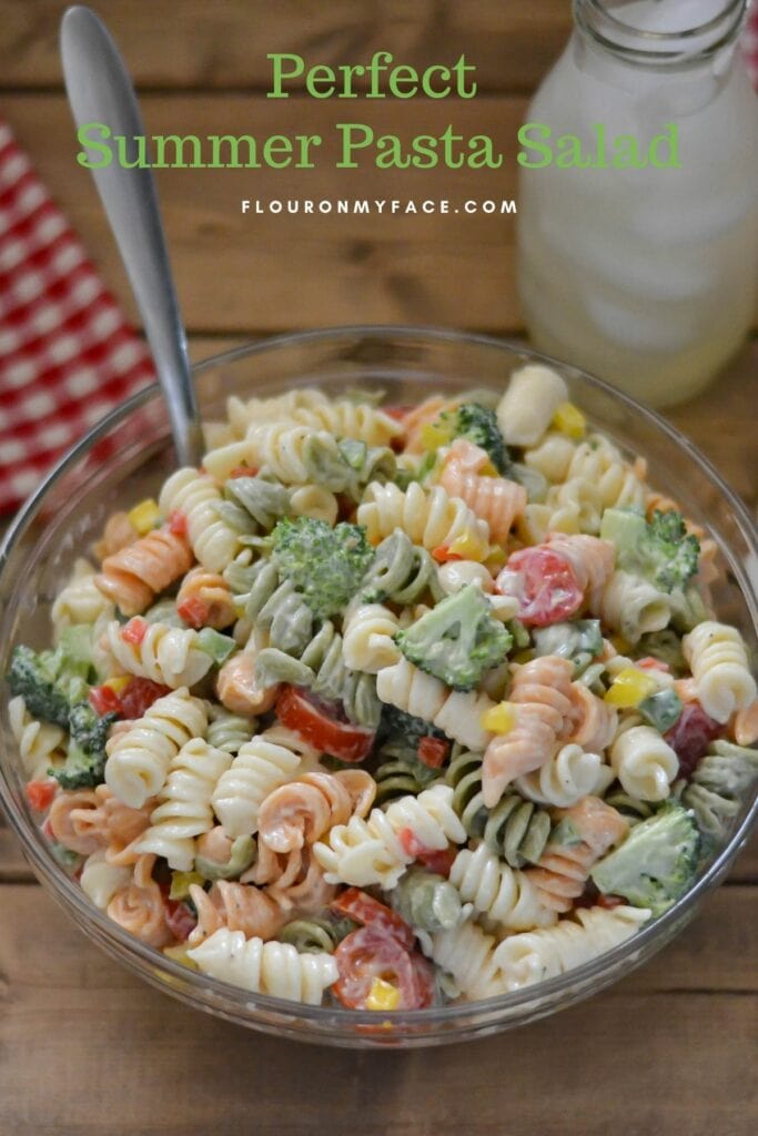 A large bowl filled with pasta salad.