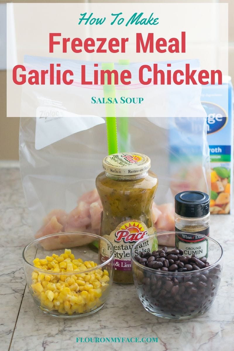 How to make freezer meals Crock Pot Garlic Lime Chicken Salsa Soup recipe via flouronmyface.com