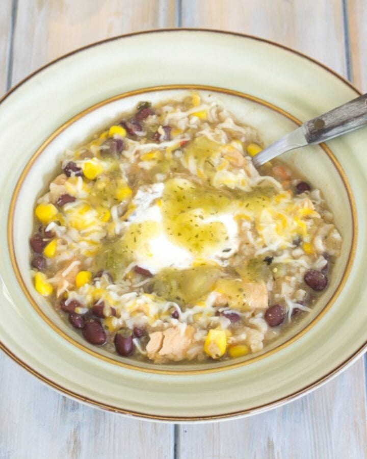 A soup bowl filled with Garlic Lime Chicken