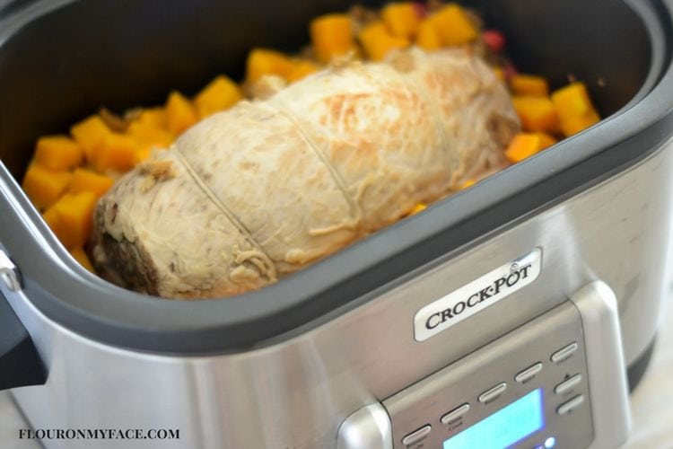 Crock Pot 5 in 1 Multi Cooker used to make this Crock Pot Slow Cooker apple Cranberry Stuffed Pork Loin recipe via flouronmyface.com #ad #crockpotrecipes