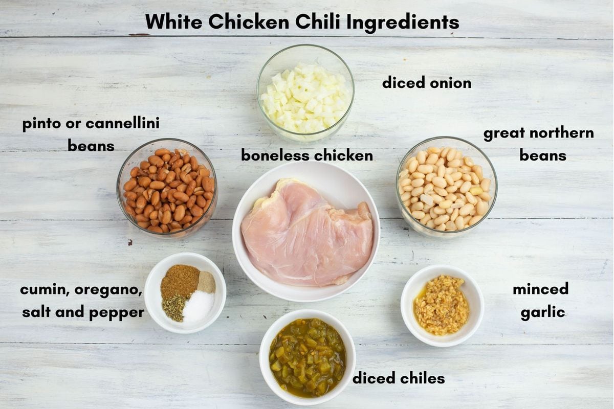 White chicken chili ingredients in small bowls.