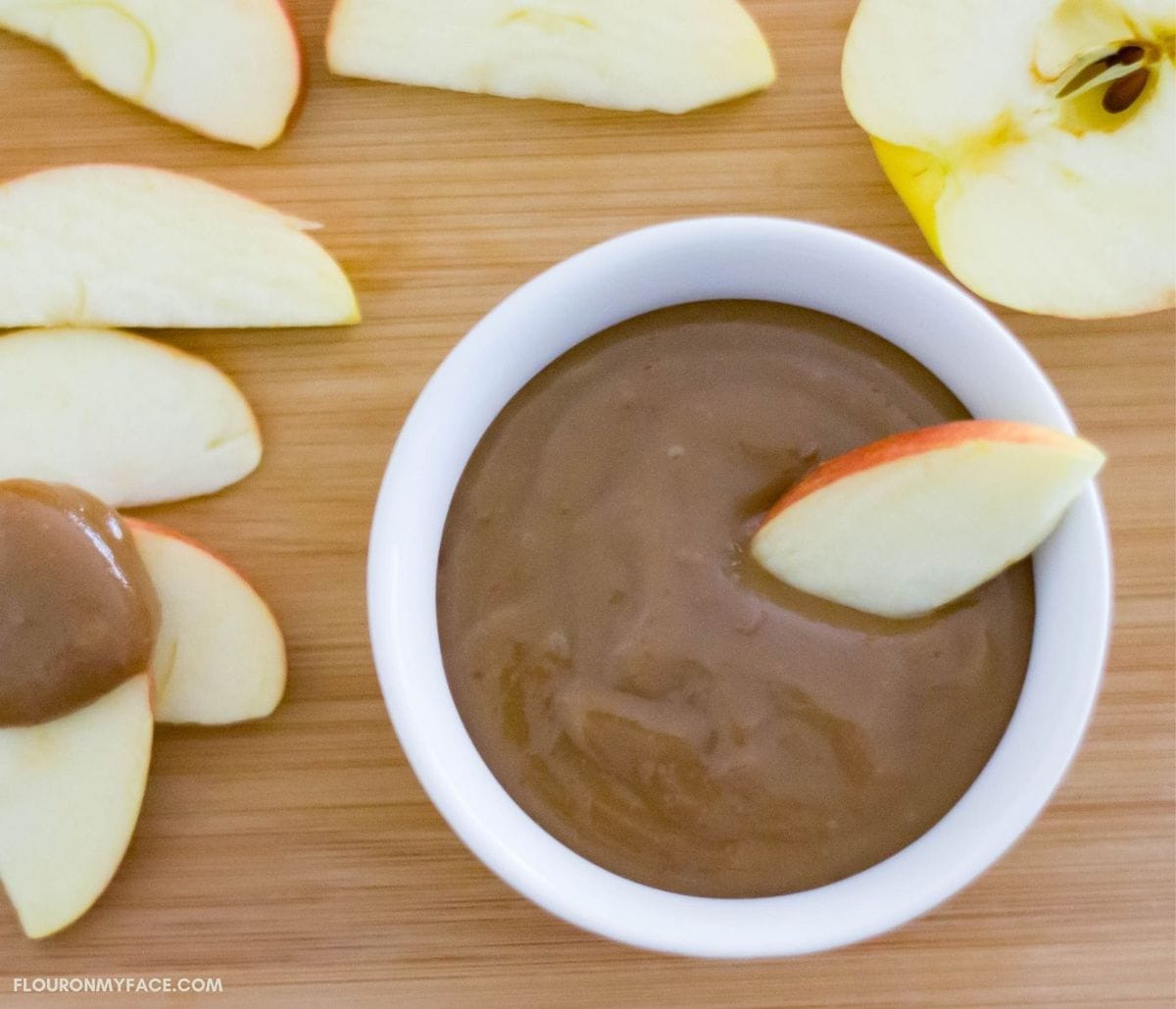 Apple dip in a small serving bowl.