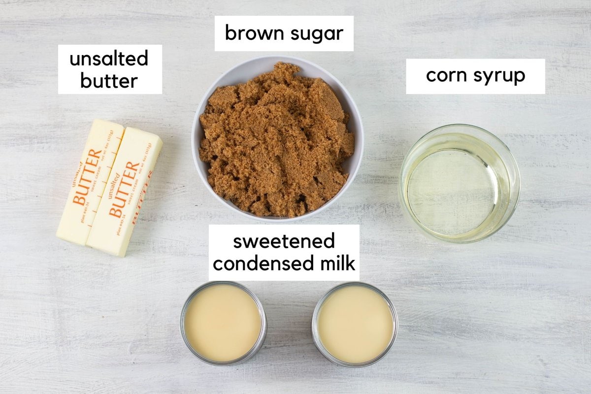 4 premeasured ingredients to make crock pot caramel dip.