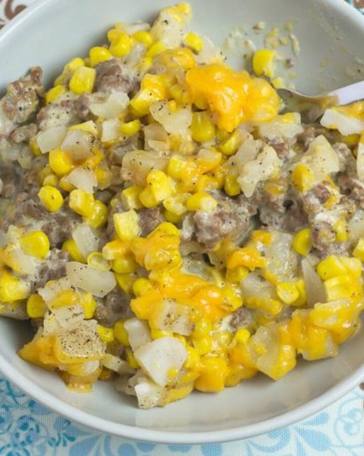 Crock Pot Cowboy Casserole recipe served in a grey bowl