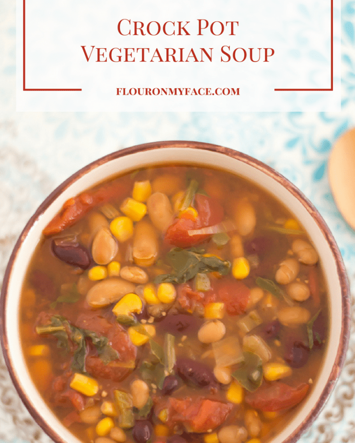 Crock Pot Vegetarian Soup in a blue bowl.