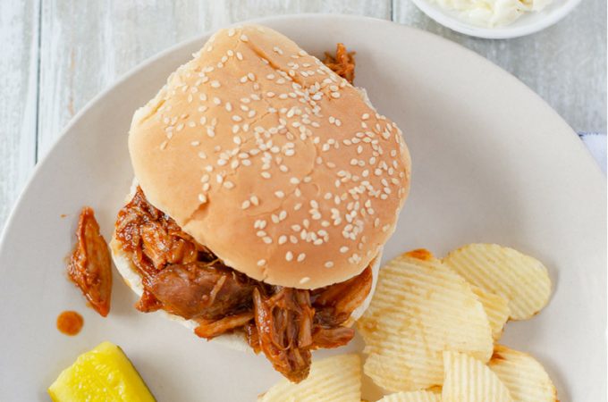 Crock Pot Pulled Pork Sandwich served with my homemade sweet coleslaw recipe.