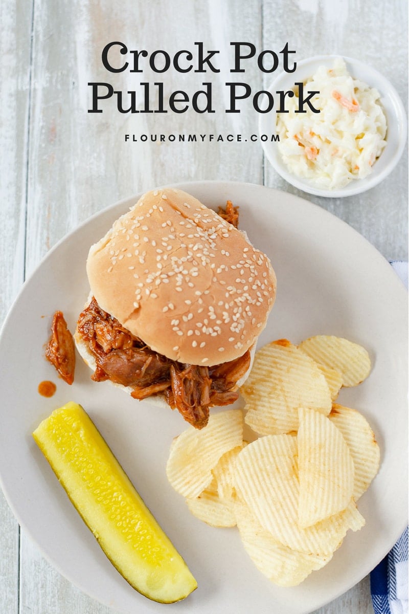 Crock Pot Pulled Pork Sandwich served with my homemade sweet coleslaw recipe.