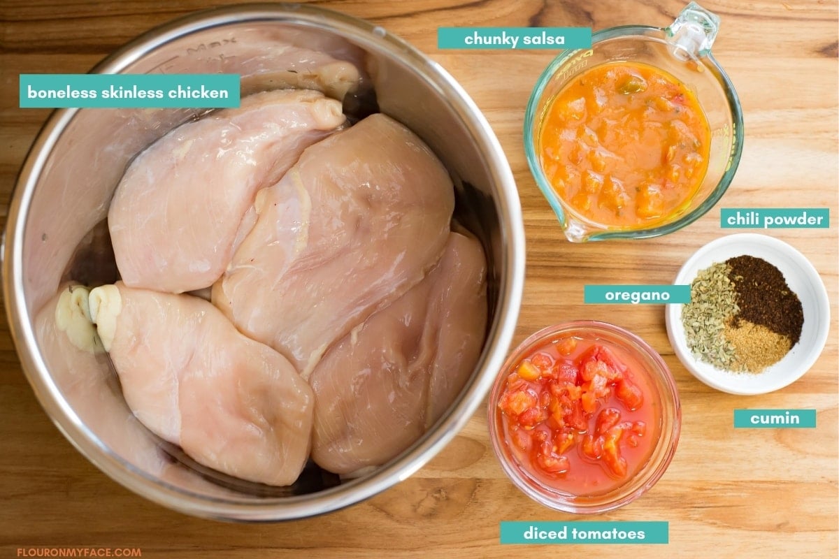 salsa chicken ingredients on a wooden cutting board