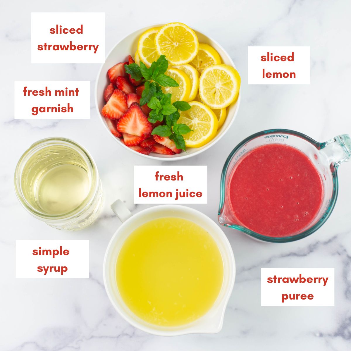 Strawberry Lemonade ingredients measured out in containers.