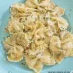 Crock Pot Chicken Alfredo Pasta Casserole recipe on a blue plate via flouronmyface.com