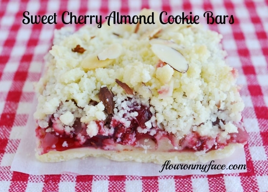 Sweet Cherry Almond Cookie Bars recipe made with canned cherry pie filling.