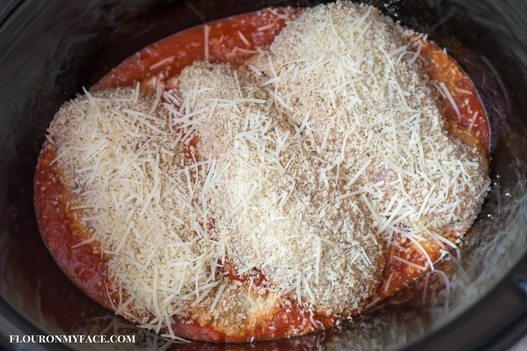 Slow Cooker Chicken Parmesan with pasta recipe via flouronmyface.com