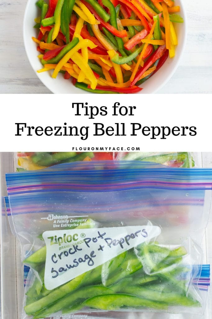 Bell peppers in a bowl and sweet bell peppers in freezer bags