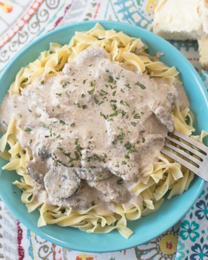 A bowl filled with noodles topped with creamy beef stroganoff.